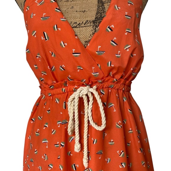 Mustard Seed Sailboat Print Orange Tie Neck Halter Mini Skater Dress Medium - Picture 2 of 11